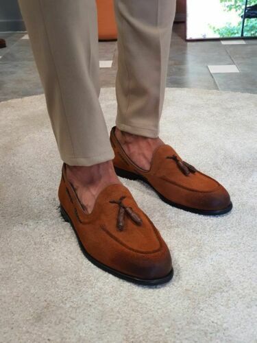 Handmade Tan Suede Moccasin Shoes with tassels, Suede slip on Shoes for men