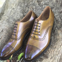 Best Christmas Two Tone Cap Toe Brogue Lace Up Shoes,Men's Wedding Leather Shoes - Thumbnail 1