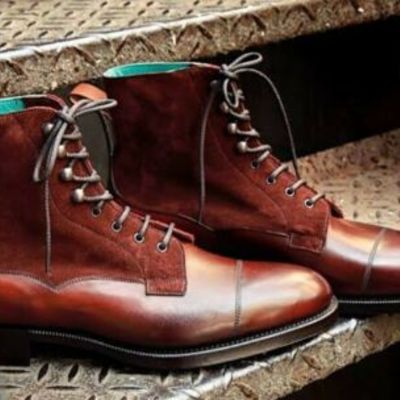 New men's handmade two tone leather and suede cap toe ankle high lace up boots - Thumbnail 1