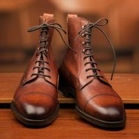 New Men Handmade Leather burnished Cap Toe Ankle High lace Up Boots - Thumbnail 4