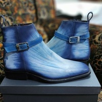 NEW Men's Handmade Leather blue Patina buckle zipper Boots Ankle High party Boot - Thumbnail 4