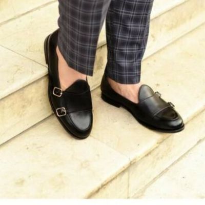 Handmade enzo black monkstrap cowhide leather shoe for men