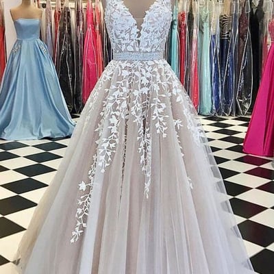 Charming a-line v neck champagne long prom dresses with white appliques,formal party dresses,quinceanera dresses - Thumbnail 3
