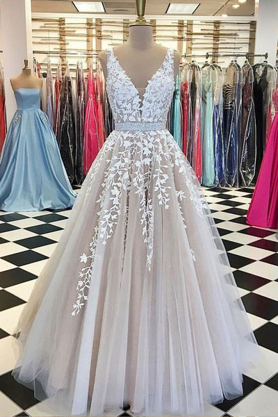 Charming A-Line V Neck Champagne Long Prom Dresses with White Appliques,Formal Party Dresses,Quinceanera Dresses