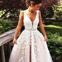 Charming A-Line V Neck Champagne Long Prom Dresses with White Appliques,Formal Party Dresses,Quinceanera Dresses - Thumbnail 3