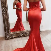 Sexy Mermaid Strapless Red Elastic Satin Long Prom Evening Dresses,Formal Party Dresses - Thumbnail 1