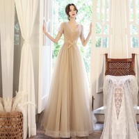 Cute v neck tulle long prom dress evening dress - Thumbnail 1