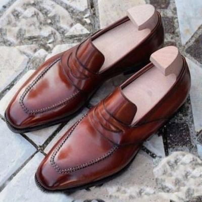 Christmas Sale  Brown Penny Loafer Handmade Leather Wedding Men's Shoes