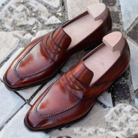 Christmas Sale  Brown Penny Loafer Handmade Leather Wedding Men's Shoes - Thumbnail 1
