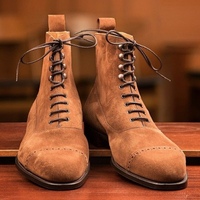Luxury Handmade Oxfords  Camel Brown Cap Toe Suede Lace Up Ankle High Boot - Thumbnail 1