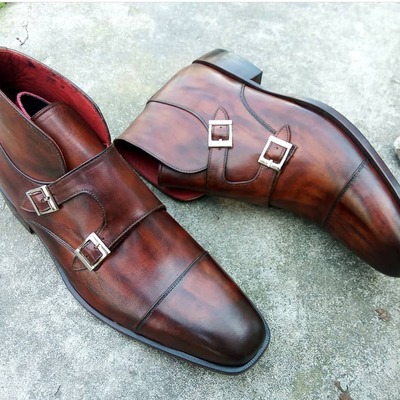 Handmade brown double monk cap toe boot, men's leather lace up ankle boot, formal wear oxford boot - Thumbnail 2