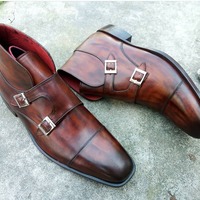 Handmade Brown Double Monk Cap Toe Boot, Men's Leather Lace Up Ankle Boot, Formal Wear Oxford Boot - Thumbnail 1