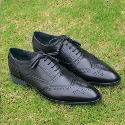 Men's handmade mens brouge wingtip shoes dress black laceup shoes
