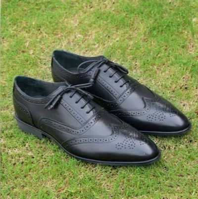 Men's Handmade Mens Brouge wingtip shoes dress Black Laceup shoes