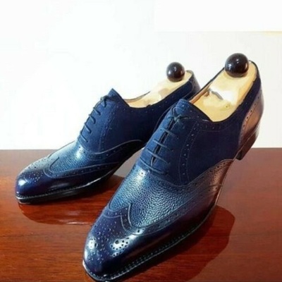Men's handmade three tone wing tip brogue suede and leather formal shoes