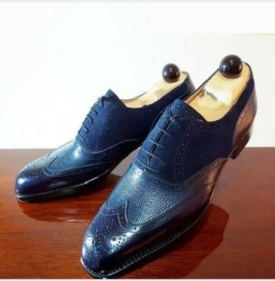 Men's Handmade Three tone Wing Tip Brogue Suede and leather formal shoes