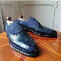 Men's Handmade Three tone Wing Tip Brogue Suede and leather formal shoes - Thumbnail 1