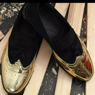 Men's handmade two tone shining golden with black suede leather loafers slip on