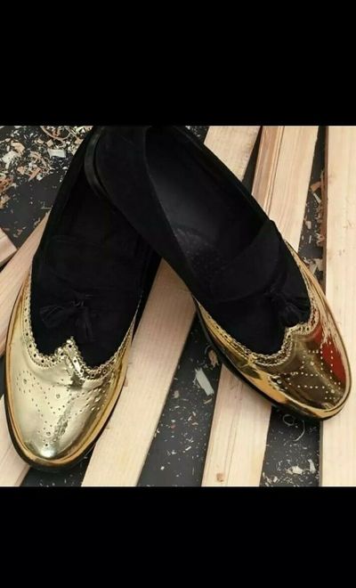 Men's Handmade Two Tone shining golden with black Suede Leather Loafers Slip on