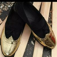 Men's Handmade Two Tone shining golden with black Suede Leather Loafers Slip on - Thumbnail 4