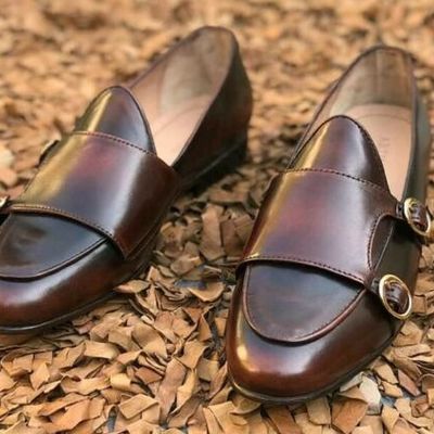 Handmade carfted monkstrap patina shade cowhide leather shoe