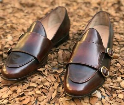 Handmade carfted monkstrap patina shade cowhide leather shoe
