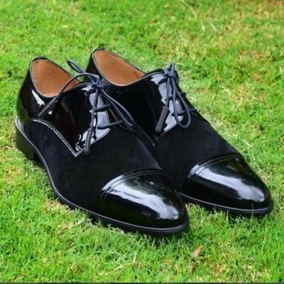 Handmade Leather two tone black suede with patant leather shoes for men