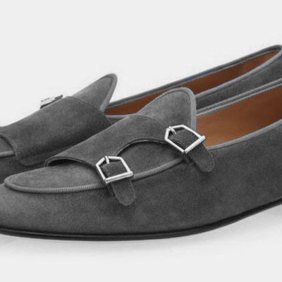 Best handmade grey double monk strap christmas sale suede men's shoes