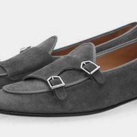 Best Handmade Grey Double Monk Strap Christmas Sale Suede Men's Shoes - Thumbnail 1