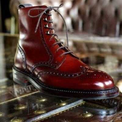 Handmade burgundy wing tip boot, men's leather lace up ankle boot, formal wear oxford boot - Thumbnail 2