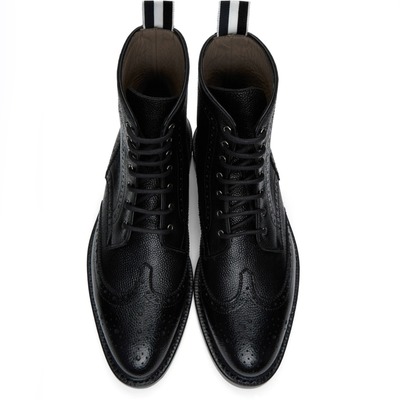 Handmade black ankle wing tip pebbled leather lace up oxford shoes - Thumbnail 4
