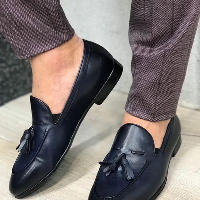 Handmade genuine navy blue leather oxford loafer dress shoes