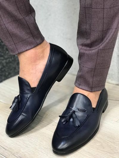 Handmade Genuine Navy Blue Leather Oxford Loafer Dress Shoes
