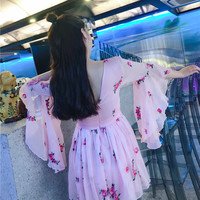 New Korean sexy V-neck flower embroidery sweet flared sleeve open back dress - Thumbnail 2