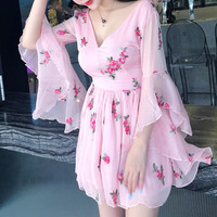 New Korean sexy V-neck flower embroidery sweet flared sleeve open back dress - Thumbnail 3