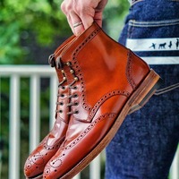 Handmade Brown Leather Boot Men's Dress Designer Wing Tip Lace Up Boot - Thumbnail 1