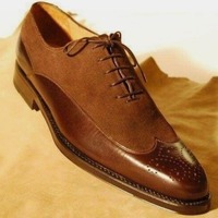 Handmade Brown Leather Suede Shoes, Men,s Wing Tip Brogue Shoes, Dress Shoes - Thumbnail 1