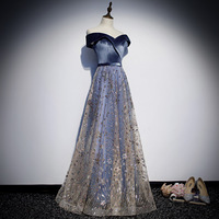 Blue velvet tulle long prom dress blue evening dress - Thumbnail 1
