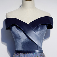 Blue velvet tulle long prom dress blue evening dress - Thumbnail 2