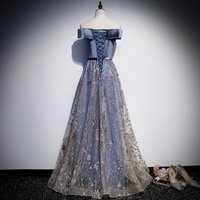Blue velvet tulle long prom dress blue evening dress - Thumbnail 3