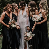 Elegant Sheath V Neck Spaghetti Straps Black Satin Bridesmaid Dresses for Fall/Winter Wedding - Thumbnail 1