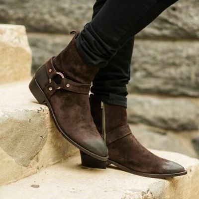 Men handmade brown suede ring style boots with zip closure, formal ankle boots - Thumbnail 3