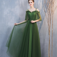 Green tulle long A line prom dress evening dress - Thumbnail 4