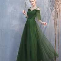 Green tulle long A line prom dress evening dress - Thumbnail 6