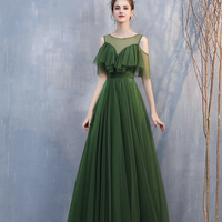 Green tulle long A line prom dress evening dress - Thumbnail 7