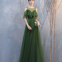 Green tulle long A line prom dress evening dress - Thumbnail 9