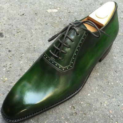 Handmade green leather shoes, men's lace up dress shoes - Thumbnail 2