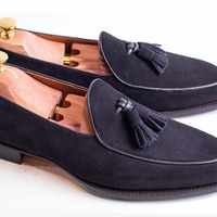 Handmade Blue Suede Men's Loafers Slip on Tussles Oxford Shoes - Thumbnail 1