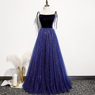Blue tulle sequins long prom dress evening dress