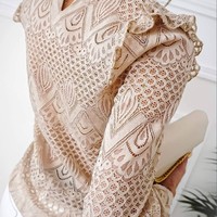 Spitzen Rüschensaum Aushöhlen Langarm Top - Thumbnail 3